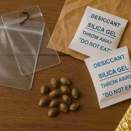 Silica gel desiccant packet inside a sealed jar with cannabis seeds
